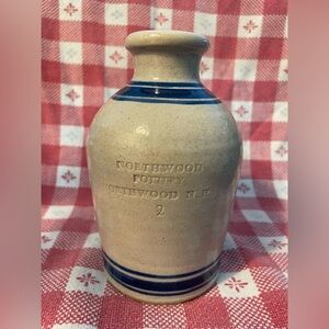 Rare Northwood Pottery Signed Salt Glazed Stoneware Blue Stripe Jug Vase Bottle